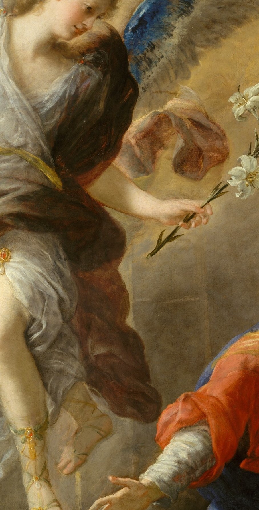 The lily he carries is the signal: her perpetual virginity.