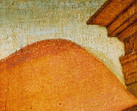 A red hat, a dark tunic, a calm eye. The 1490s, in tempera.