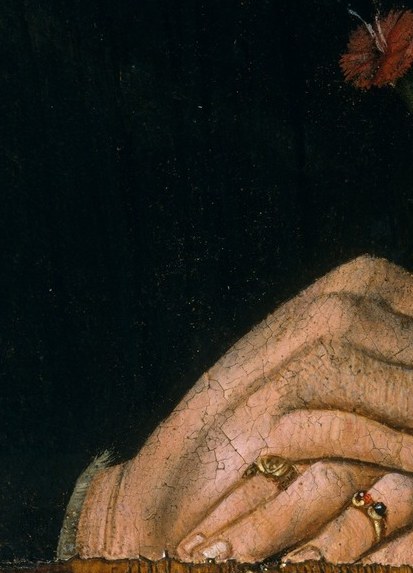 Between his fingers: a pink carnation, the betrothal flower.