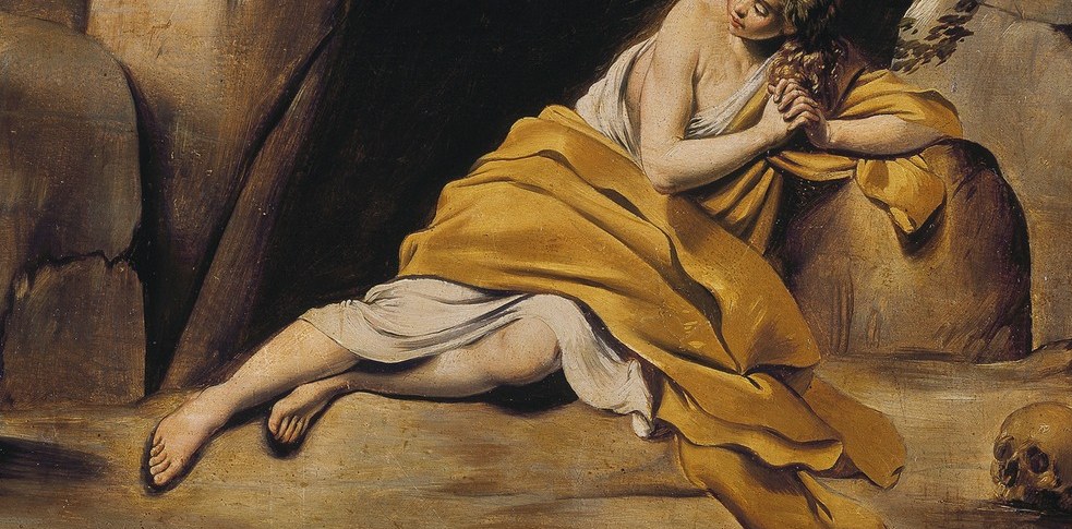 Her posture and clasped hands convey deep penitence and sorrow.