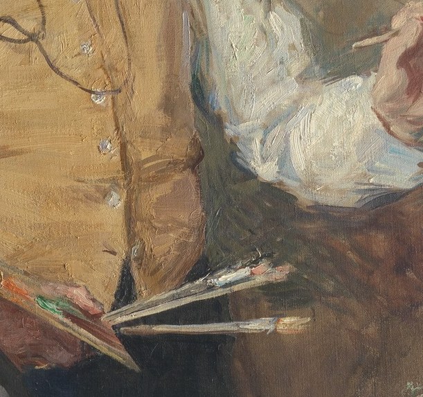 The working tools of painting rendered mid-scene; a meta-symbol of the creative act itself