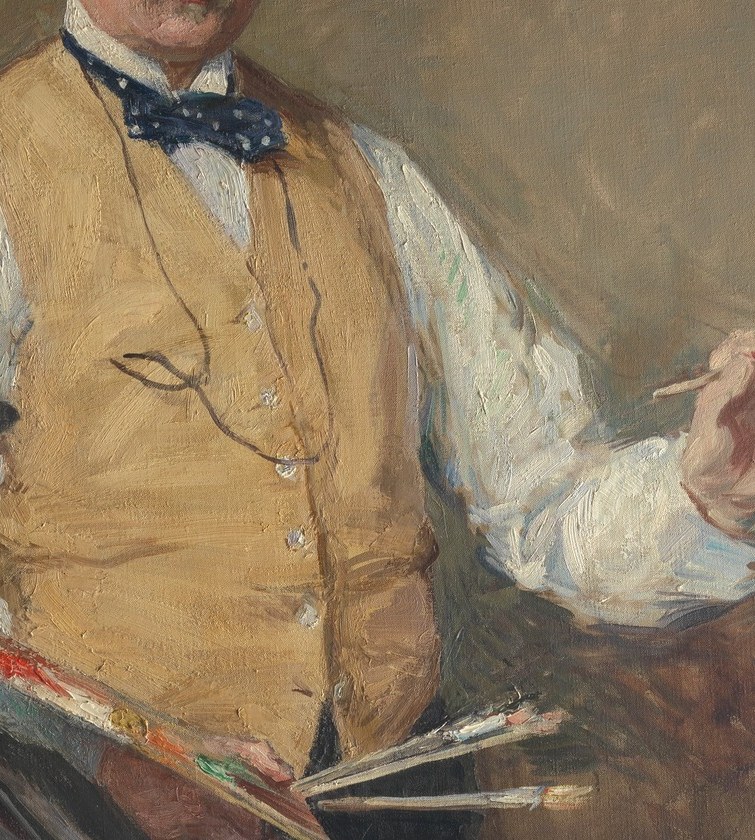 The most saturated color passage in the painting; the warm vest anchors the eye and elevates the figure's presence