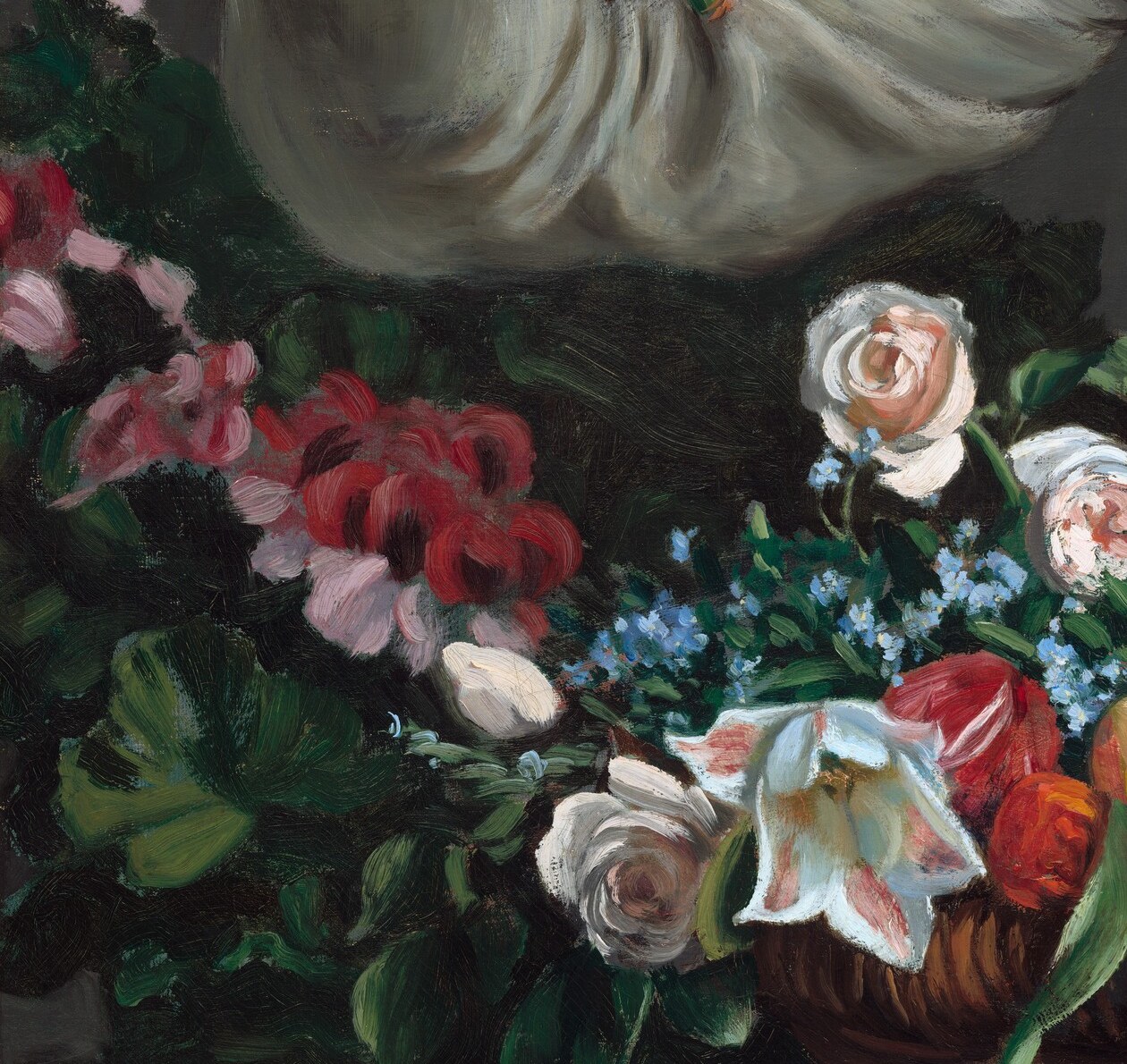 These fully open blooms anchor the lower-left corner and establish the painting as a virtuoso flower-piece as much as a portrait , Bazille competing with Dutch still-life tradition.