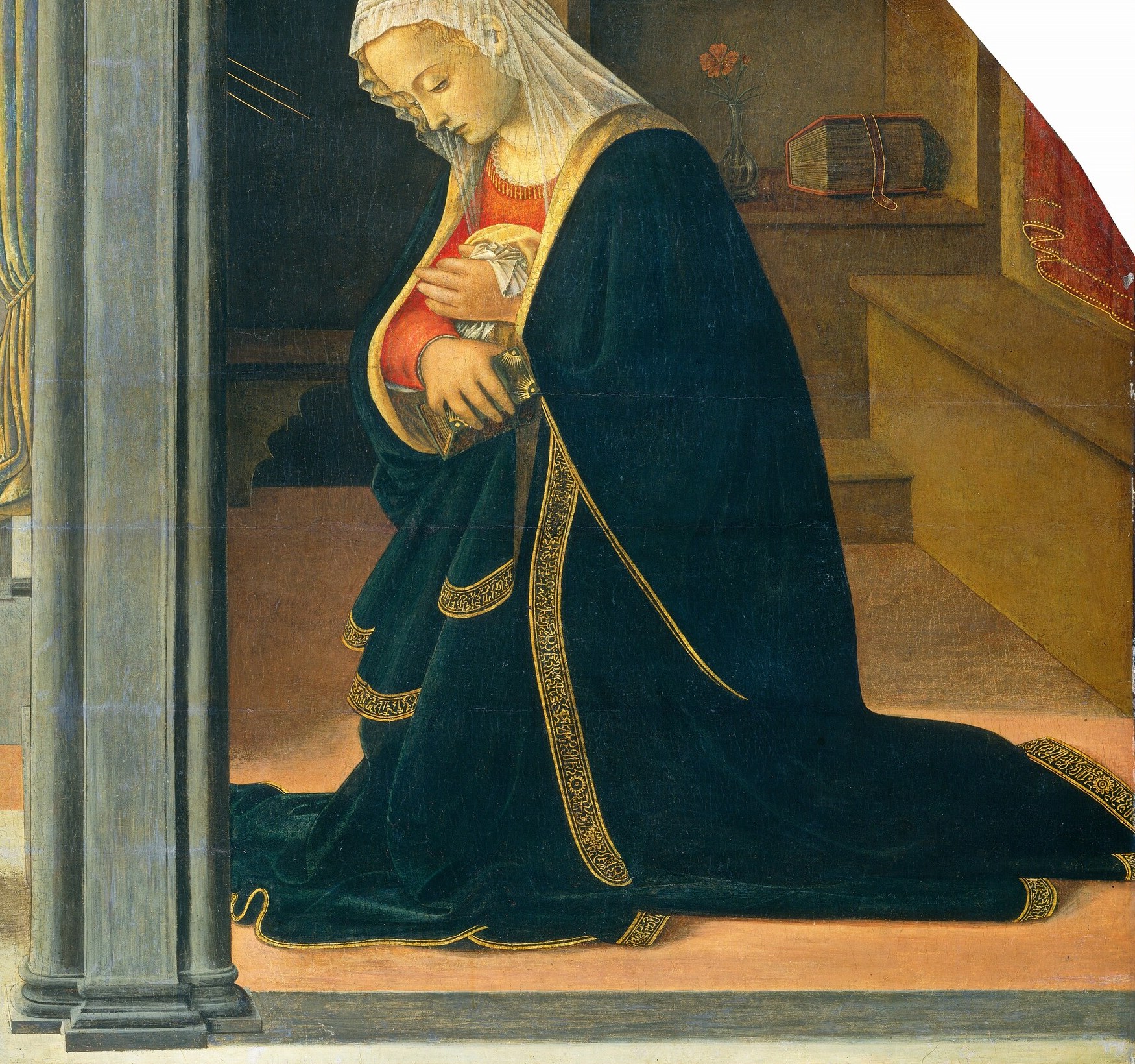 Her costly blue mantle reveals her holy status.