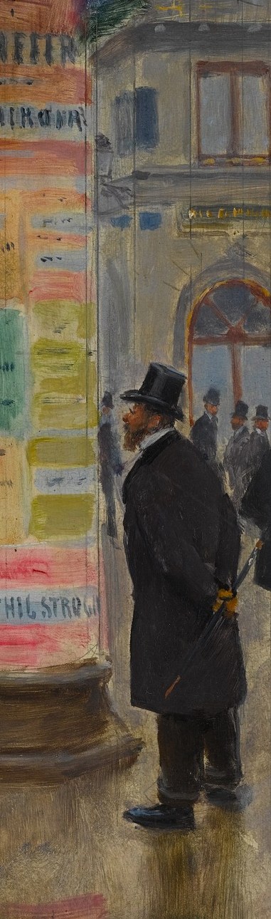 A man in a top hat stops to read the latest.