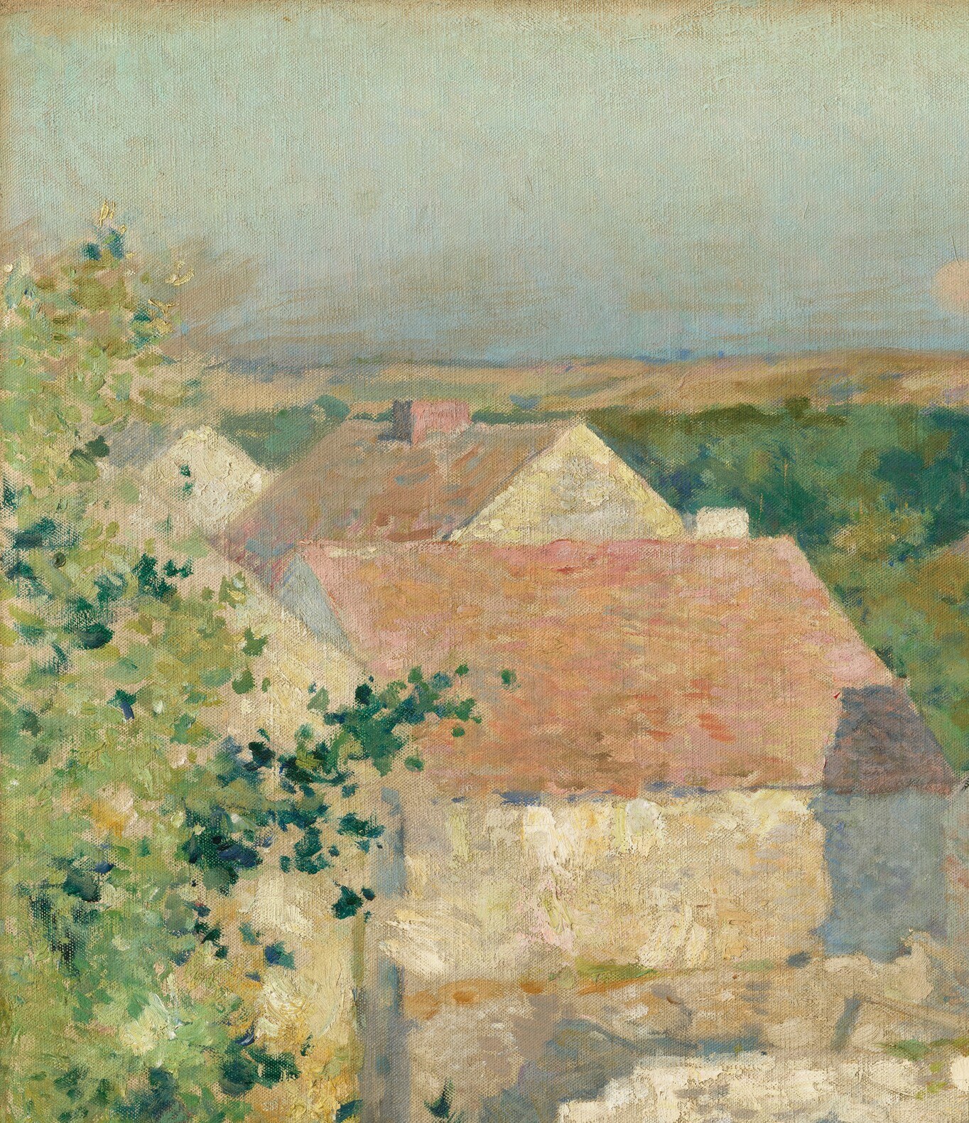The dominant leafy mass anchors the composition; its loose Impressionist brushwork against the warm sky reveals the late-light quality that gives the painting its title.