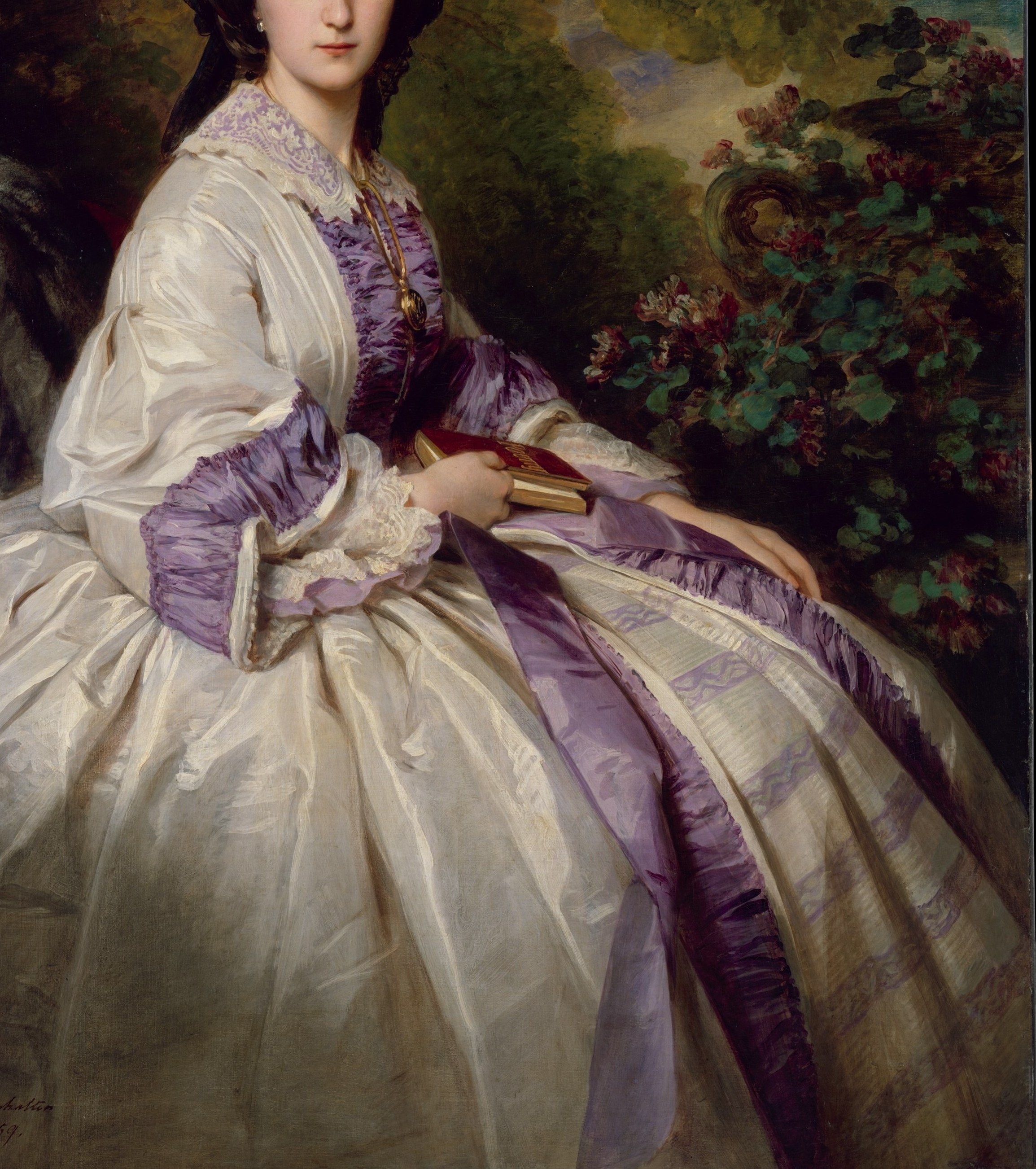 Look at the elaborate gown, perfect for high society.