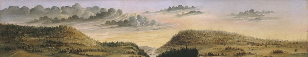 The hills function as theater wings framing the village stage; their gradual color shift to cool gray-green in the distance is an ambitious attempt at atmospheric perspective for a self-taught folk painter