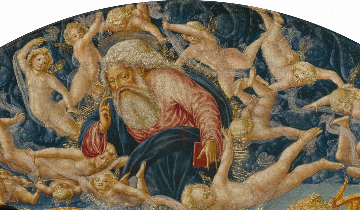 Above, God the Father watches from golden radiance.
