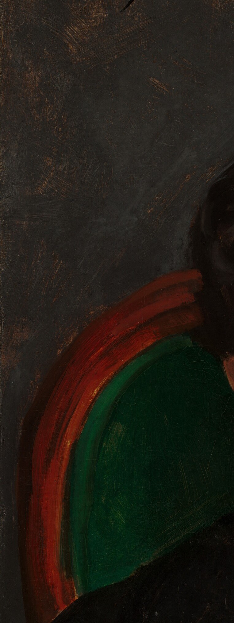 The saturated green provides the painting's strongest chromatic contrast against the dark ground, grounding the sitter in domestic rather than studio space.