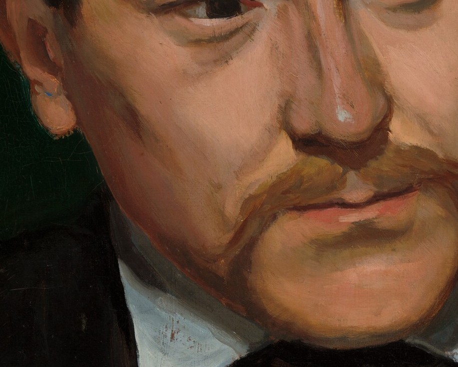 The only bright passage in a very dark palette , Bazille uses it as a tonal anchor that draws the eye downward from the face and emphasizes the darkness of the jacket.