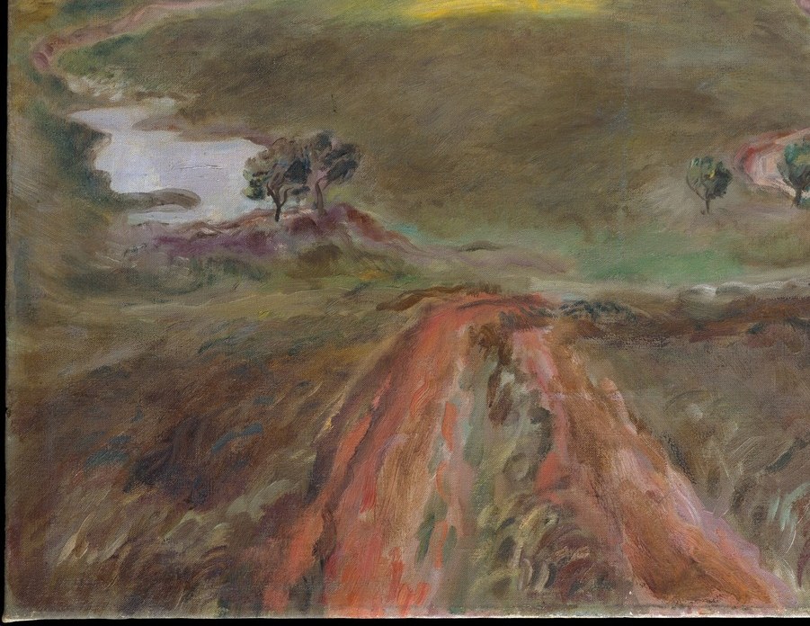 The road acts as a compositional lead-in and also carries symbolic weight: a path into the heartland, worn by generations of farm labor, its rust-red color echoing Kansas clay soil.