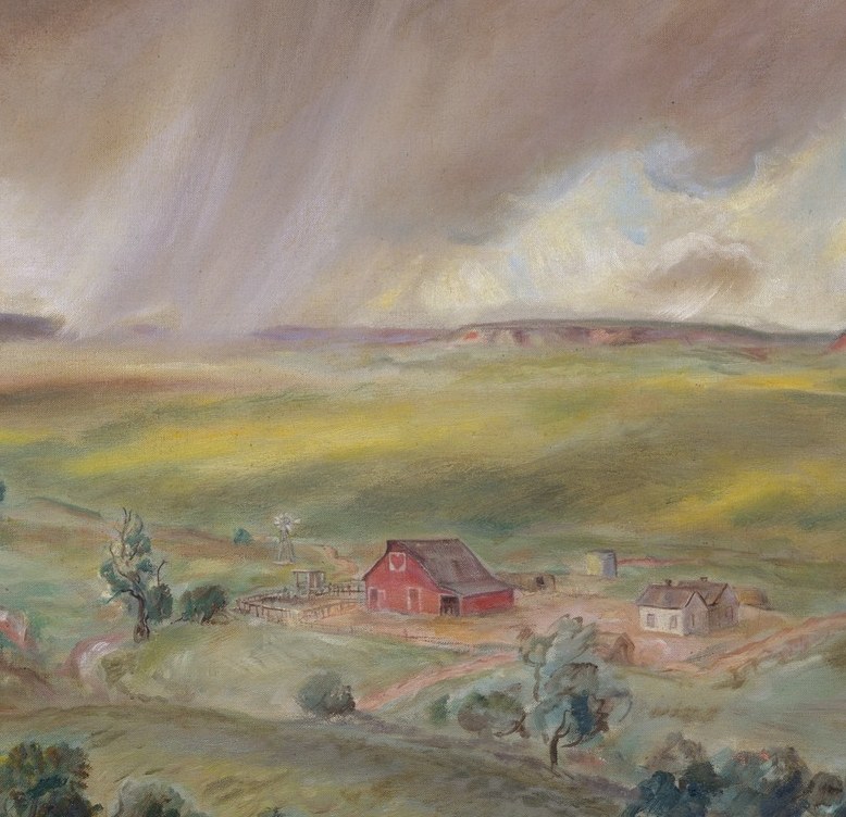 Rain falls in visible sheets, drenching the land.