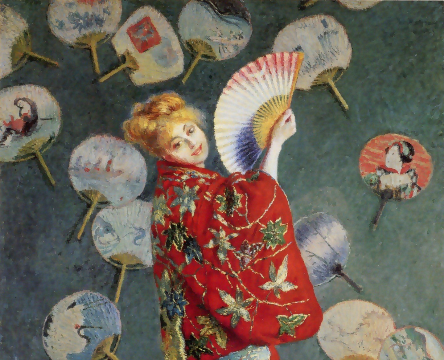 The painting reflects the era's fascination with Japanese art, Japonisme.