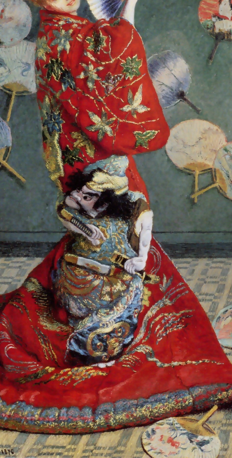 She wears a vibrant red Japanese uchikake kimono.