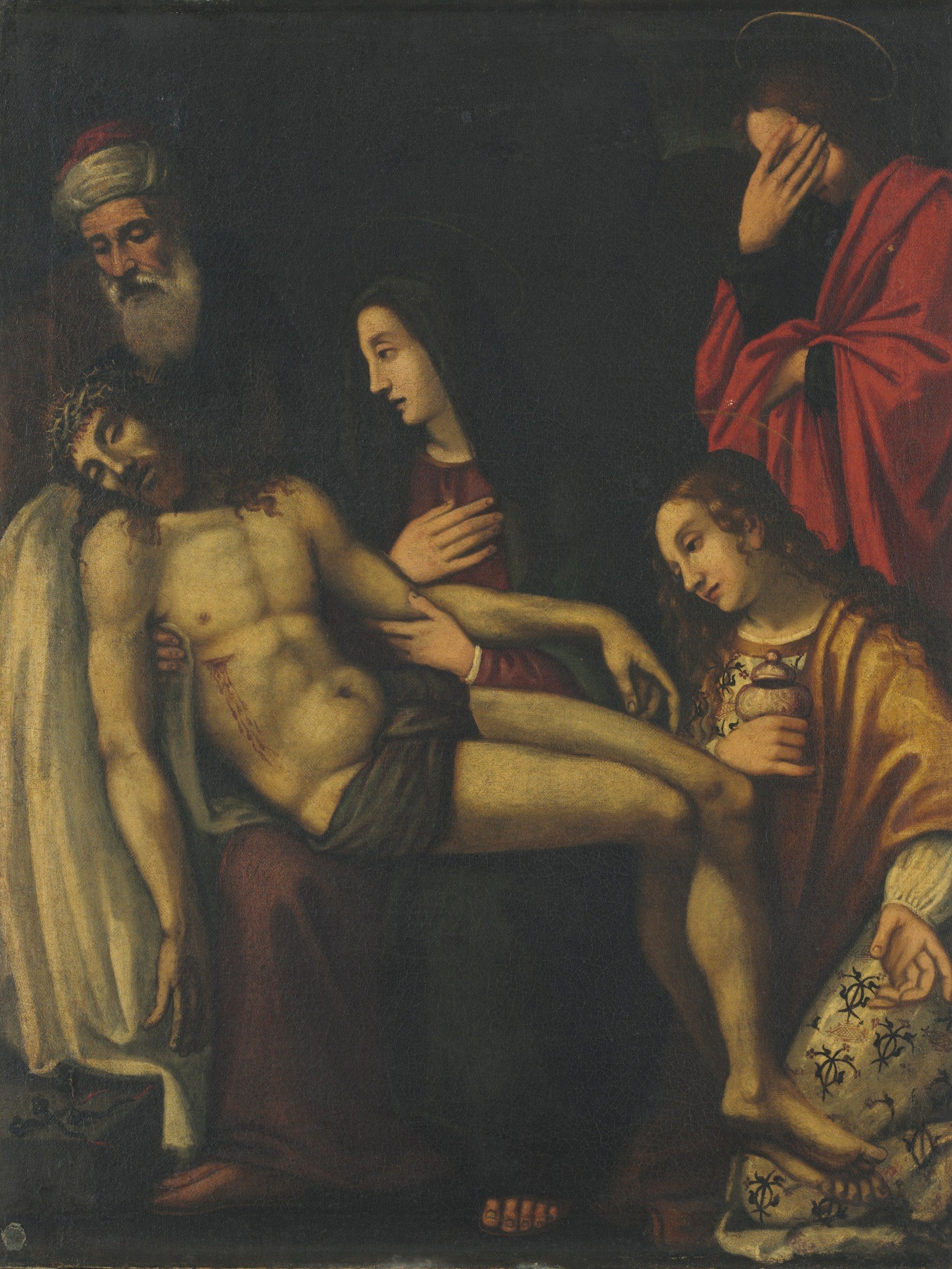 The deep darkness pushes the figures forward, intensifying the emotional impact and focus on the tragedy.