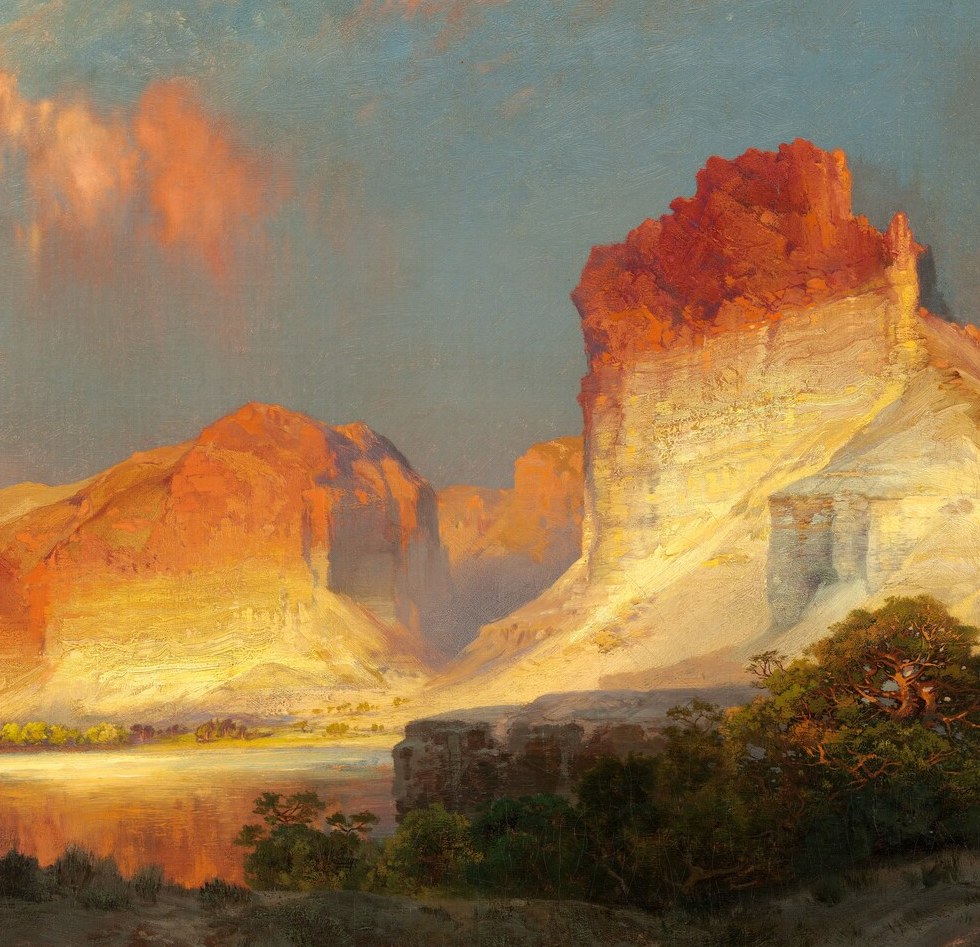 The painting's iconic subject , its sheer sun-blasted face glows almost phosphorescent against the sky, Moran's signature luminism at full intensity.
