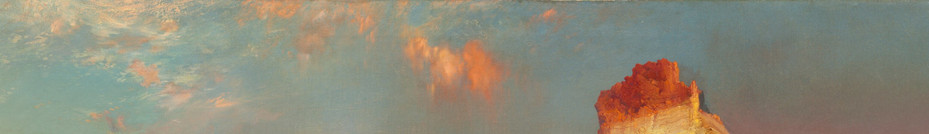 Moran treats the sky as a second landscape , these theatrical clouds mirror the cliff architecture below and flood the scene with the warm light that unifies the composition.