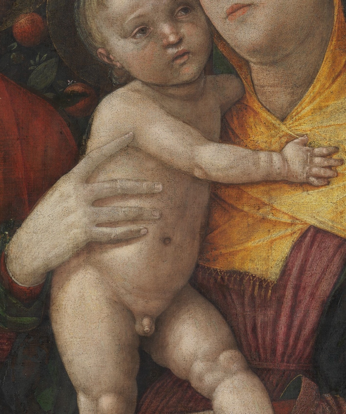 The prominent display of the child's nudity is a deliberate theological statement , the Incarnation made visible in mortal flesh; Mantegna renders the soft baby forms with sculptural precision.