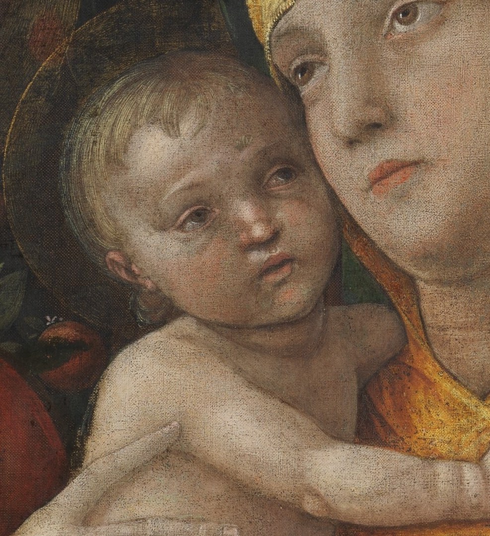 The infant's direct gaze breaks the devotional circle and implicates the viewer; Mantegna gives the child a knowing, almost solemn expression unusual for a baby.