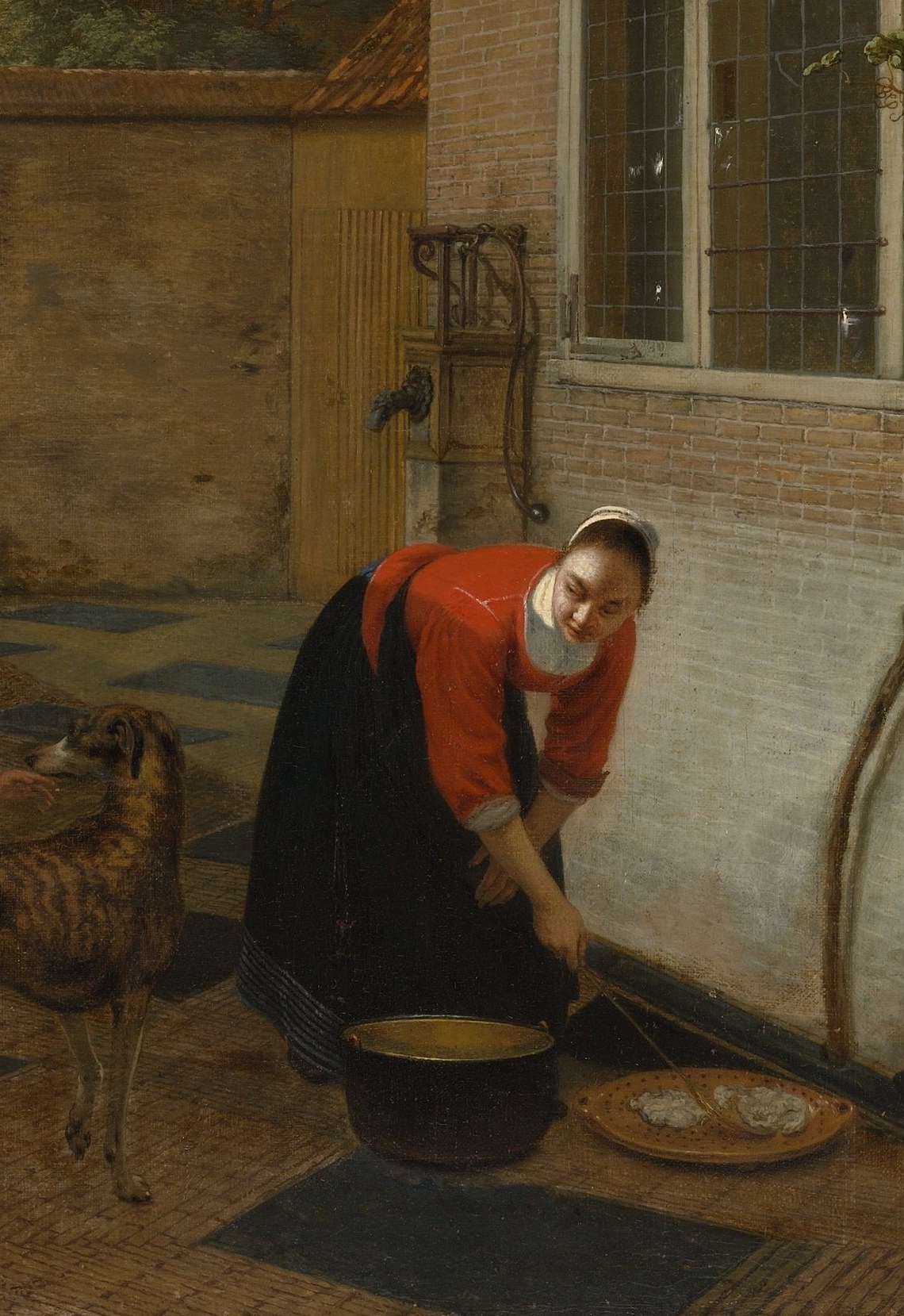 The vivid red commands the eye; the act of feeding a dog from a bowl speaks to the prosperity and leisure of the household.