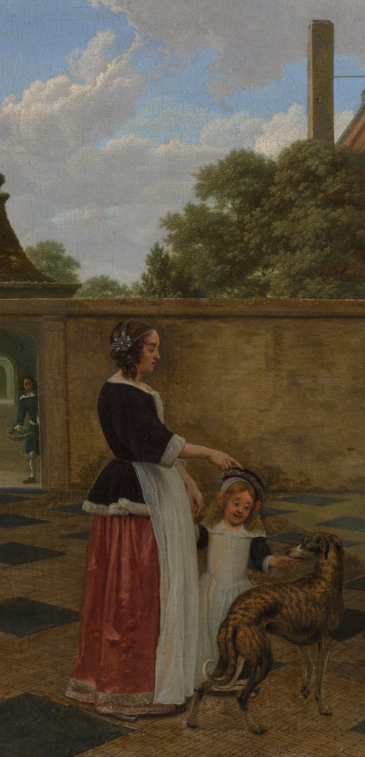 The compositional anchor , her posture of gentle constraint over the child encapsulates the painting's theme of domestic care and hierarchy.