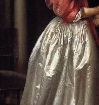 Delicately folded at her waist, these hands signal restrained curiosity and social decorum , a subtle body-language cue ter Borch uses repeatedly to convey unspoken emotion.