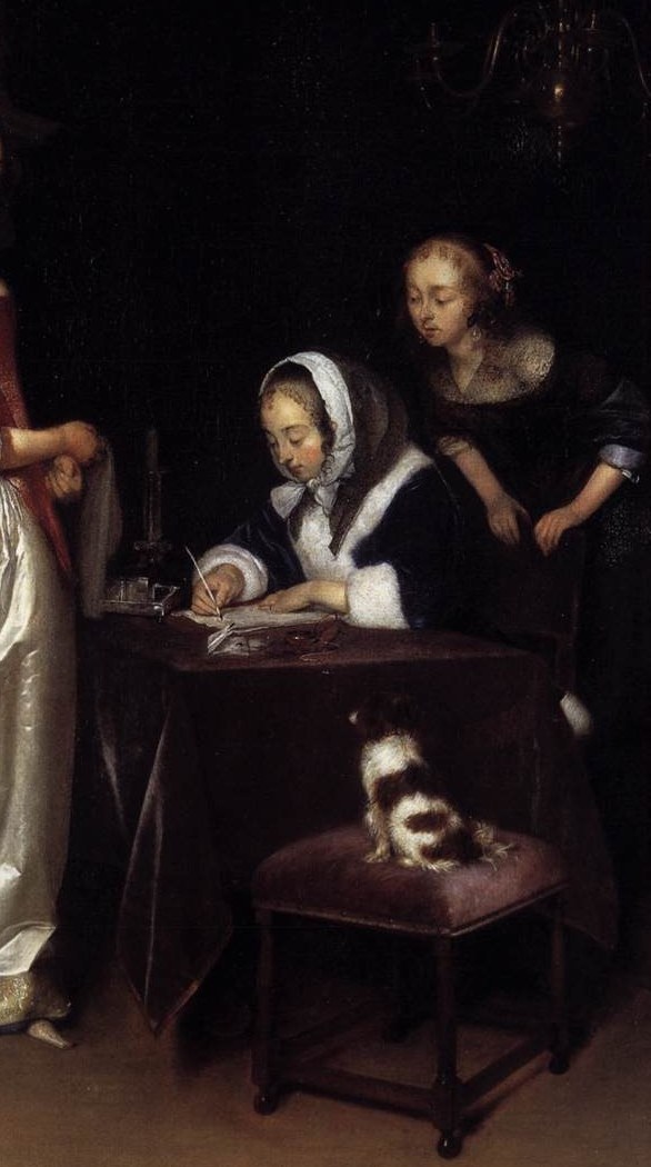 The act of composing a private letter , the very subject being spied upon , places her at the center of the narrative tension; her white head covering frames her face in soft light.