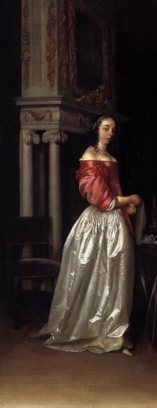 The principal 'curious' figure , her clasped hands and intent gaze toward the letter-writer embody the painting's entire psychological drama; the luminous white satin skirt is a showcase of ter Borch's signature fabric virtuosity.