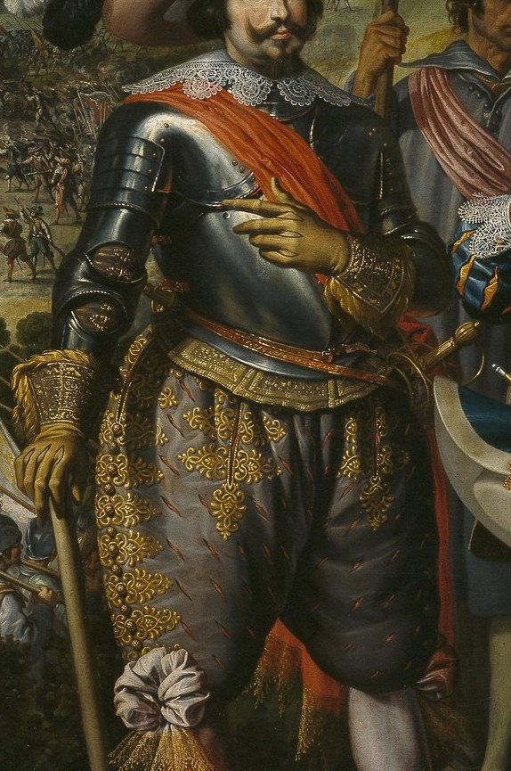 His gilded armor declares his rank and wealth.