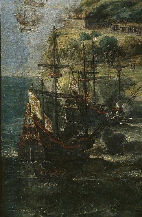 The tall ships with furled sails and billowing flags establish the naval might that made this island campaign possible.