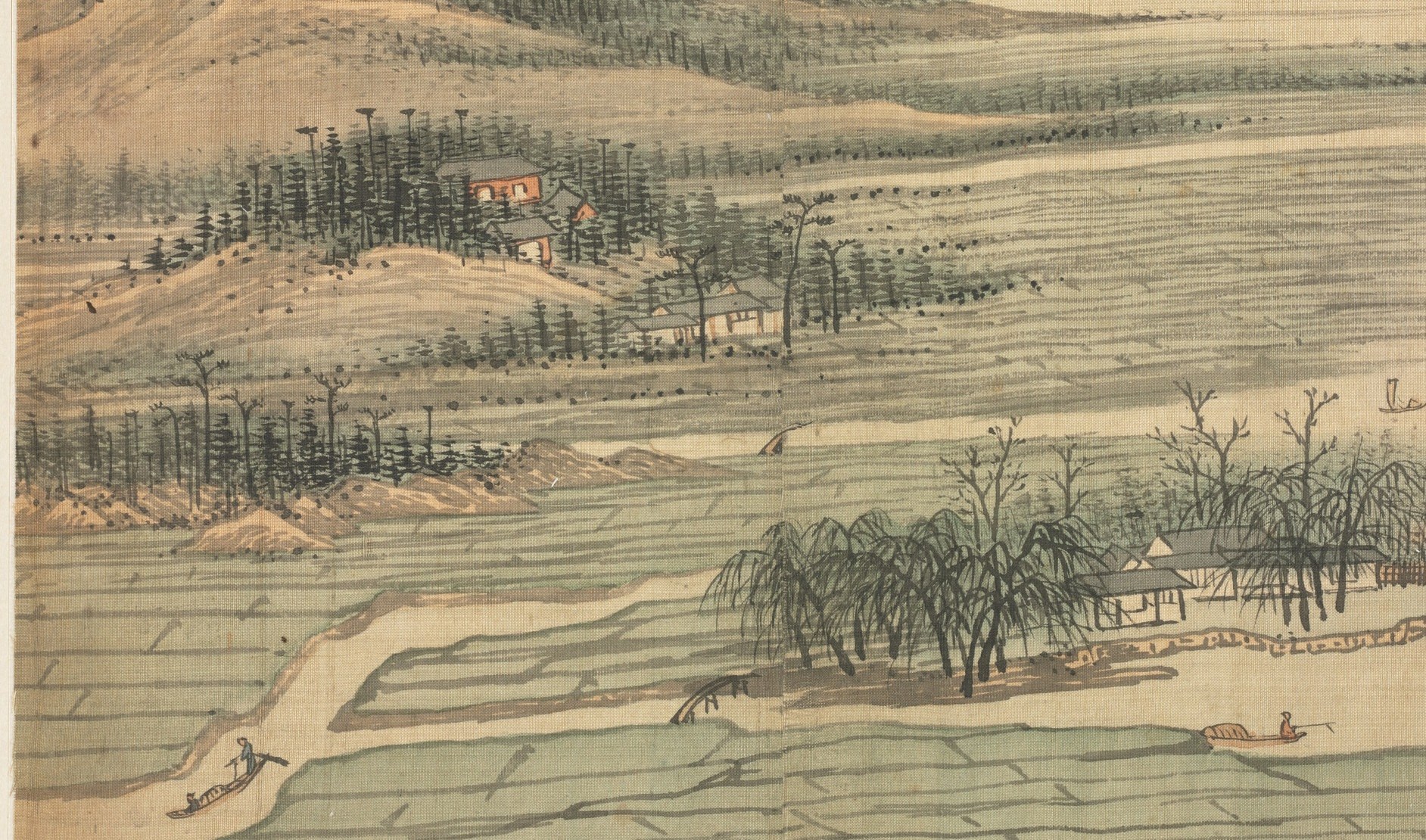 The flat water is built from countless fine parallel horizontal brushstrokes , a virtuoso technique passage that reads as shimmering stillness and consumes the majority of the picture plane.