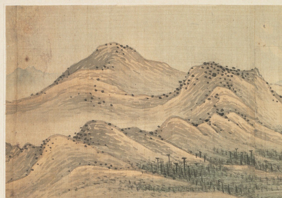 The painter stacked these ridges in fading ink to build atmospheric depth.