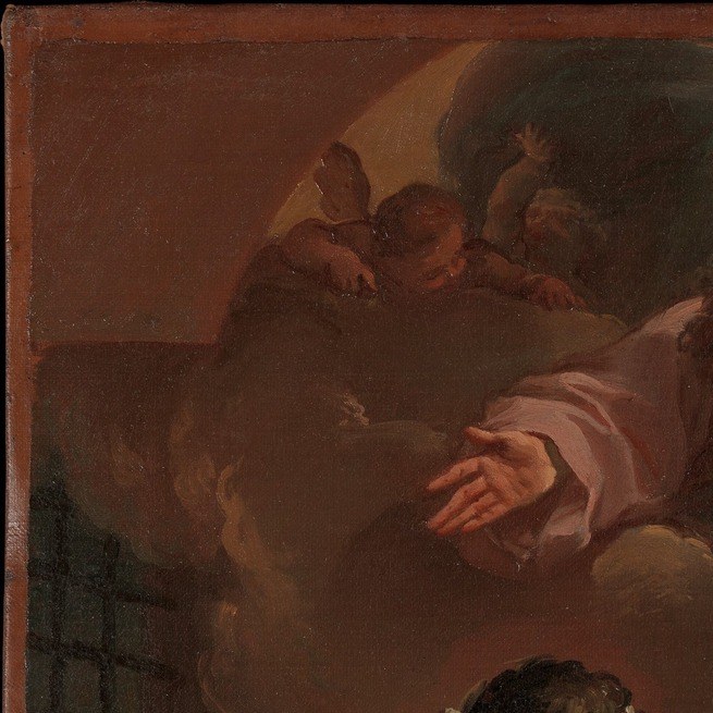 God the Father or an angel watches the martyrdom from above , his presence reframes the killing as divinely witnessed, adding a theological dimension easily missed when the executioner commands the eye