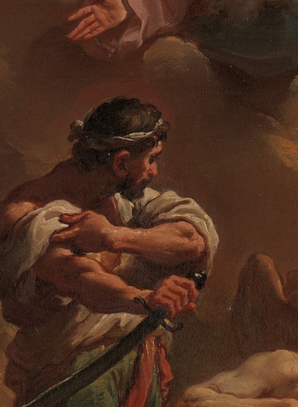 Gandolfi models the anatomy with Baroque bravura , heroic physique borrowed from classical sculpture applied to a morally troubling figure, creating productive unease