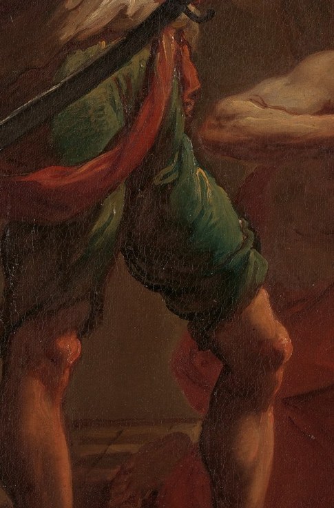 The saturated green blazes against near-black shadow , a deliberate Rococo color accent that keeps the eye anchored to the killer's body and separates him chromatically from the victims
