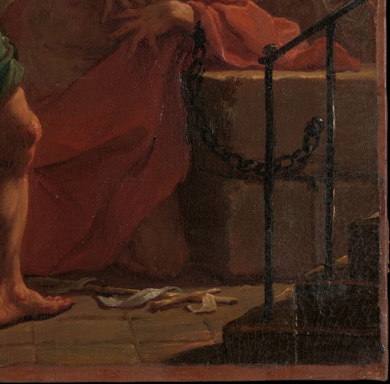 Red , the martyr's color , floods the lower right and pulls the gaze from executioner to victim; the cloth half-conceals the wound, making imagination finish what paint withholds