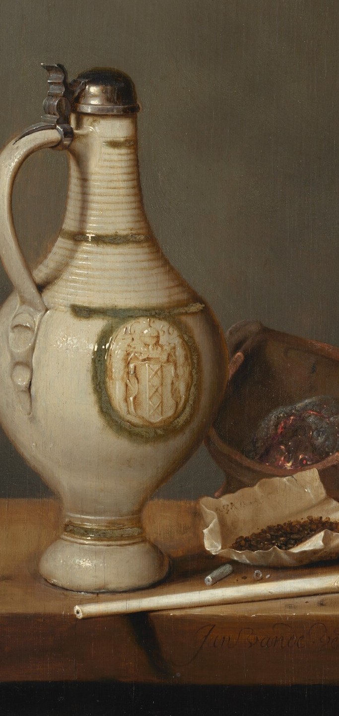 The cobalt blue is the painting's sole true chromatic accent; its restrained depth against the warm neutral ground is the entire chromatic argument of the near-monochrome palette.