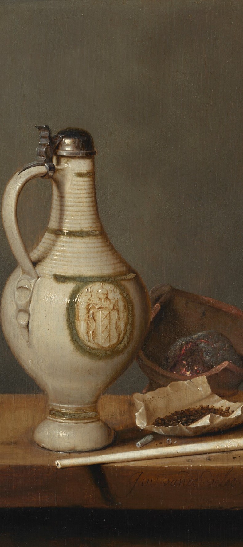 The compositional anchor; its imposing body, blue-grey glaze, relief ornament, and the date '1650' impressed into the clay anchor the entire scene to a specific moment and craft tradition.