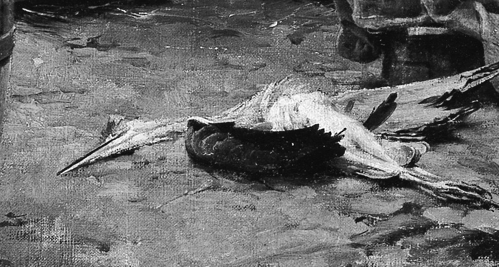 The dead pheasant lies at their feet.