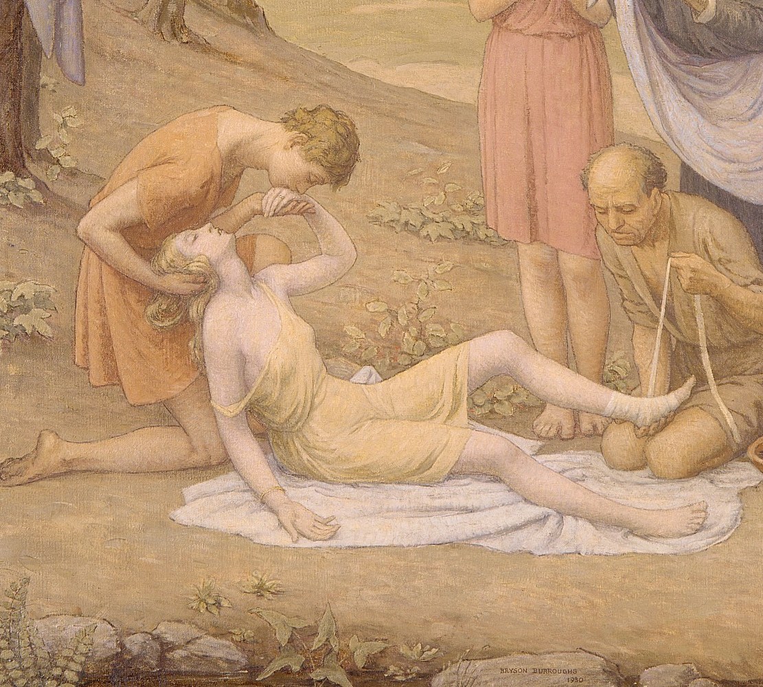 The central tragedy , her limp, pale form on the ground anchors the entire narrative; her posture reads as death-approaching even before the myth is known.