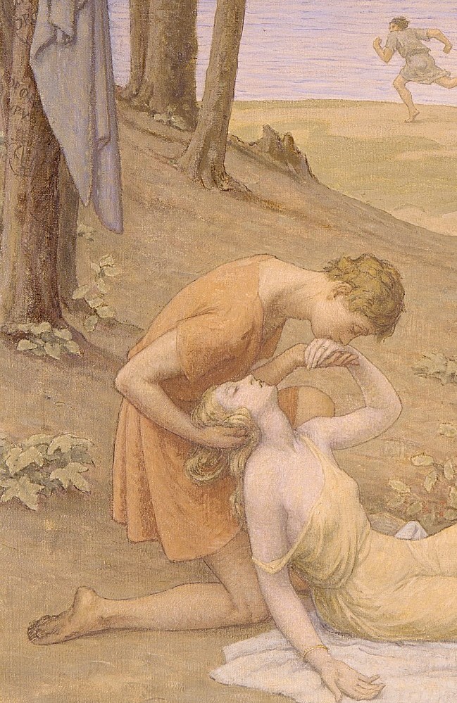Her bowed head and embrace convey intimate grief; the protective gesture contrasts with Eurydice's helplessness.