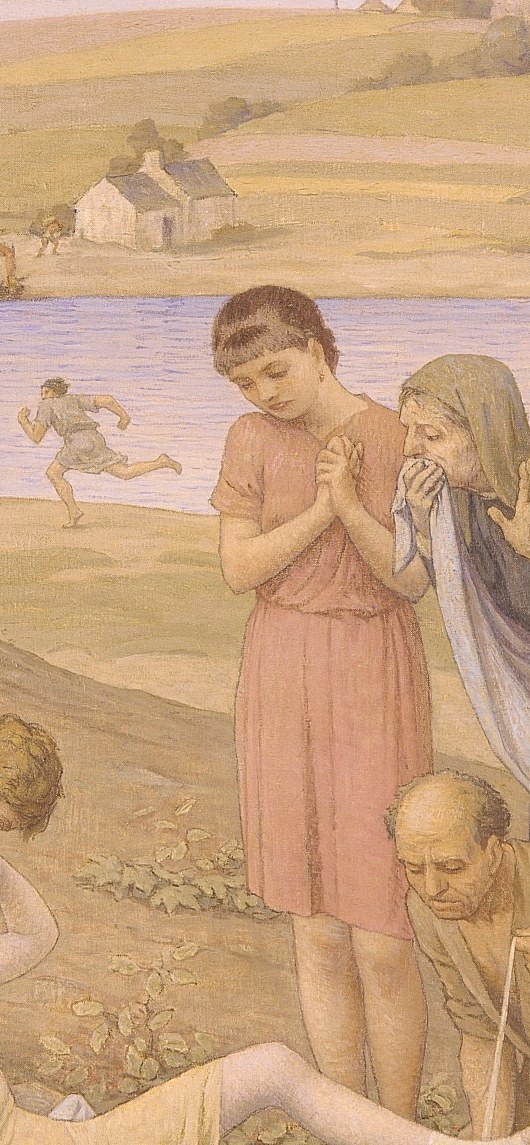 Her upright posture and pressed hands suggest helpless supplication , a middle emotional register between action and collapse.