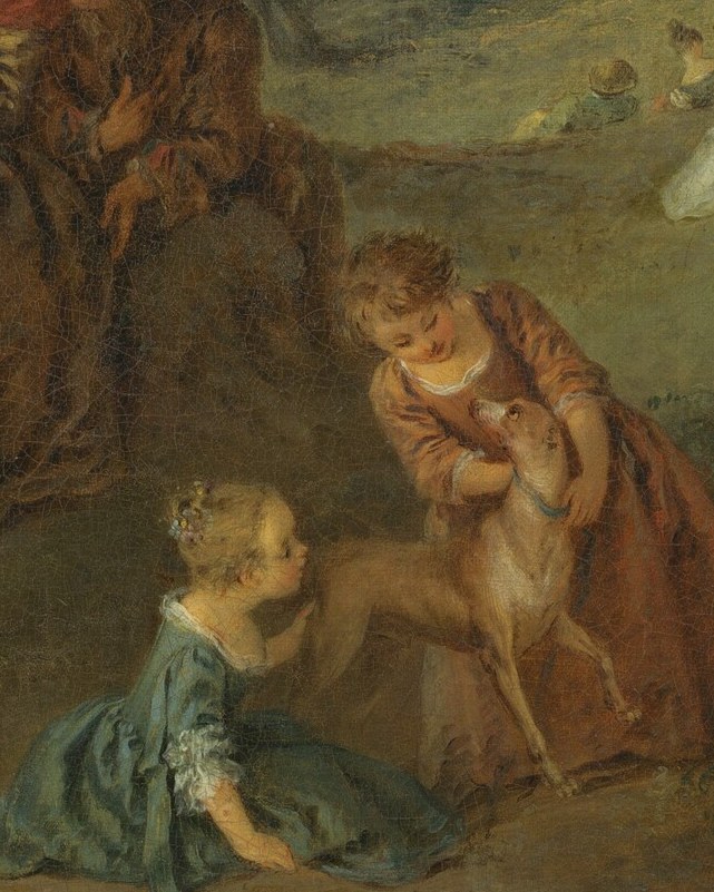 Here, a man offers a woman a floral wreath, a sign of courtship.