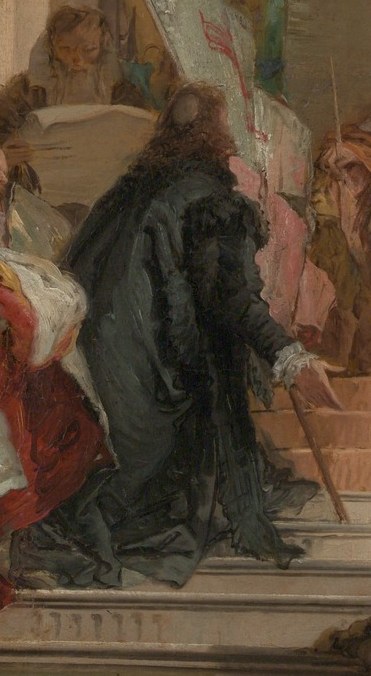 This figure's somber attire contrasts with the others, perhaps representing a religious or judicial role.