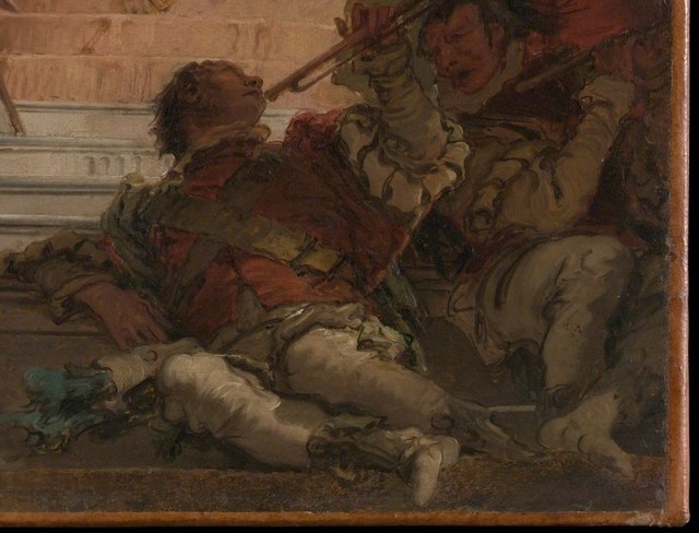 A figure rests on the steps.