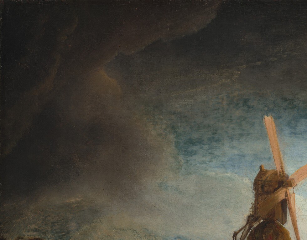 The mill stands exactly at the border between threatening darkness (left) and warm light (right) , a deliberate compositional metaphor for time, transience, or human effort against nature