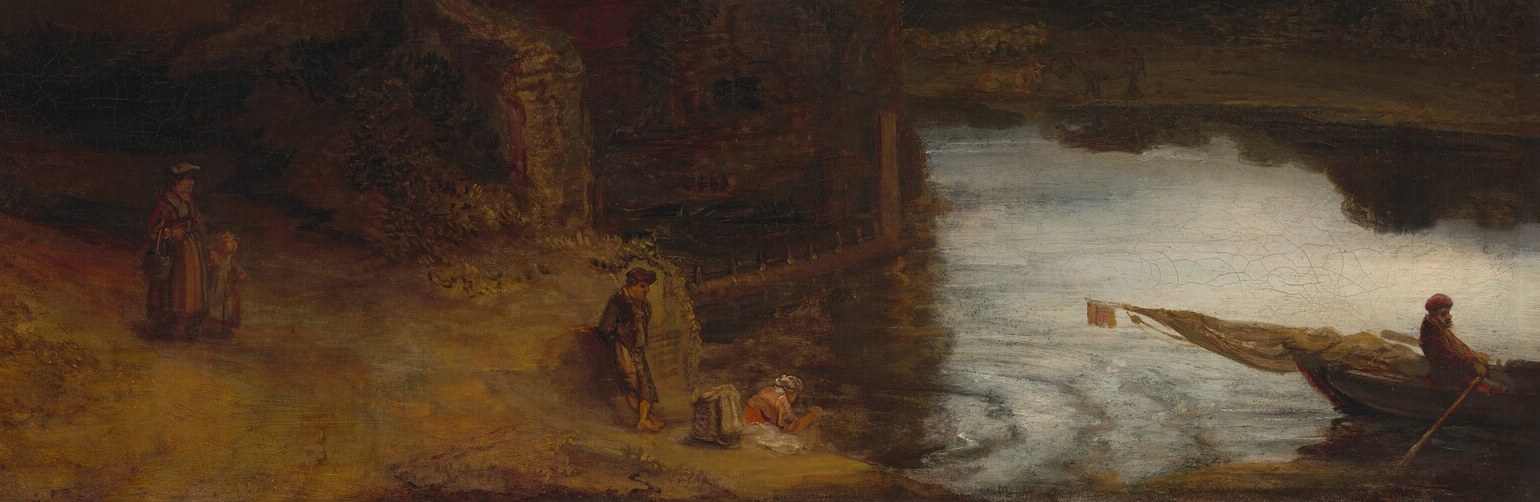 Mirrors the sky's amber glow in the lower right, uniting the composition vertically; the stillness of the water contrasts with the implied motion of the mill sails above