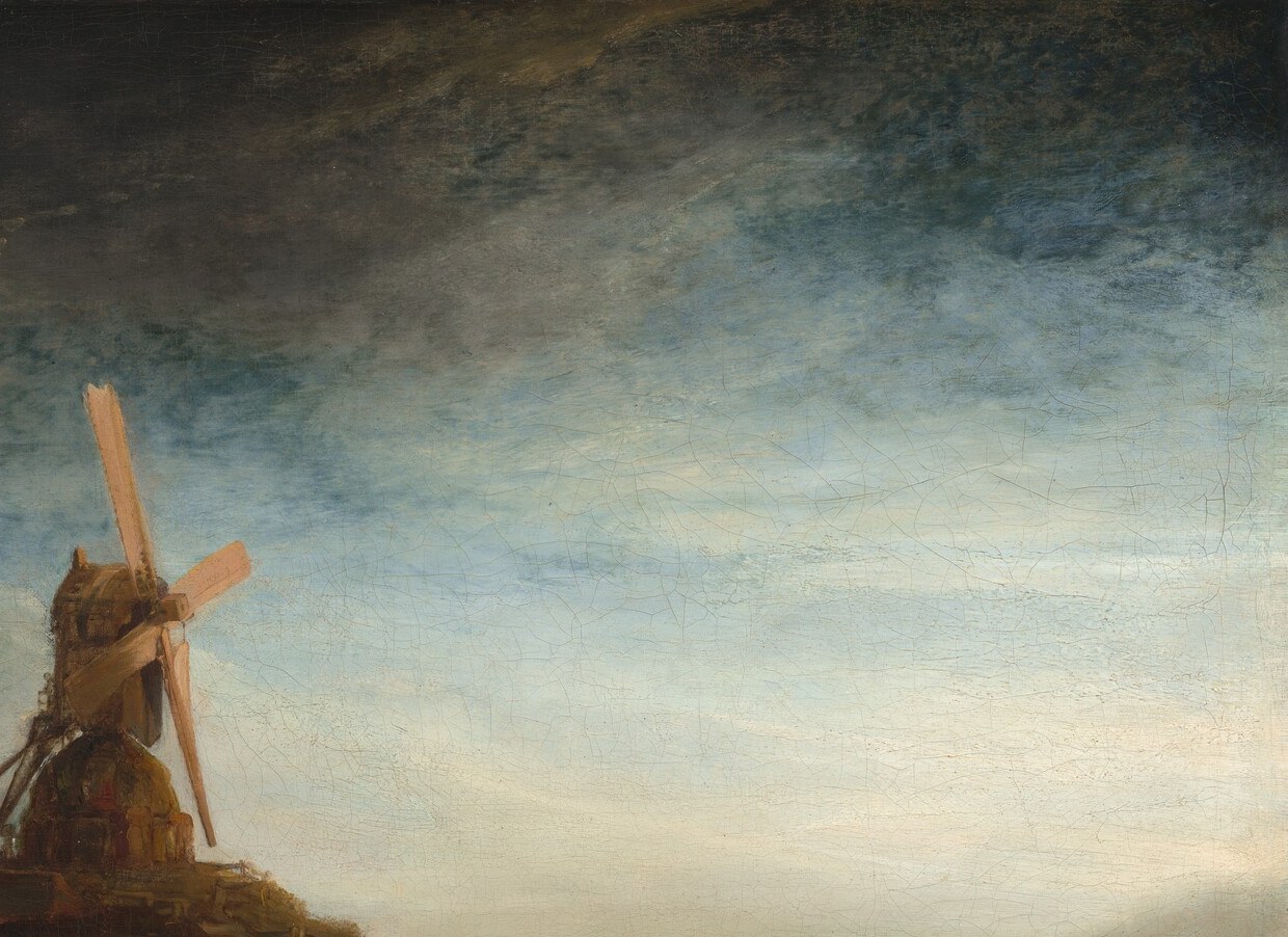 The single light source controlling the entire tonal key of the painting , everything else is held in deep shadow while this one patch of sky illuminates the scene; a master class in restricted illumination