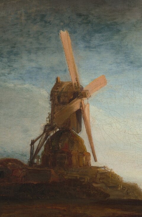 Up close, the tower dissolves into thinly worked dark paint with barely perceptible surface texture , a reminder that Rembrandt's drama lives in light relationships, not surface finish